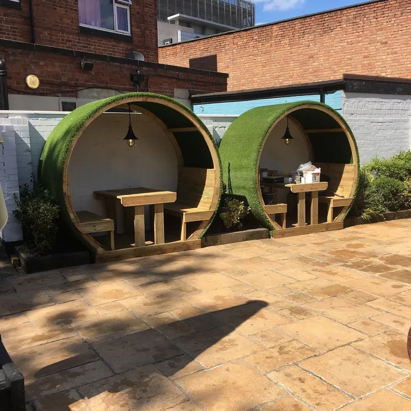 Timber outdoor dining booth made by Low Road Nursery Chesterfield
