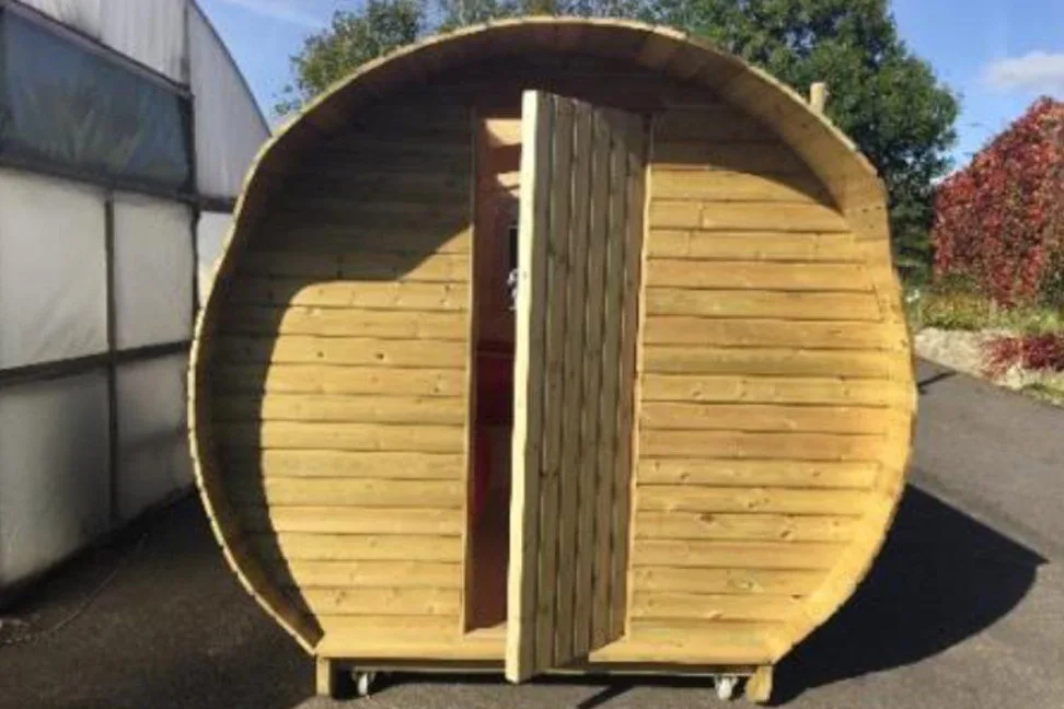 Timber barrel glamping pod built by Low Road Nursery Chesterfield