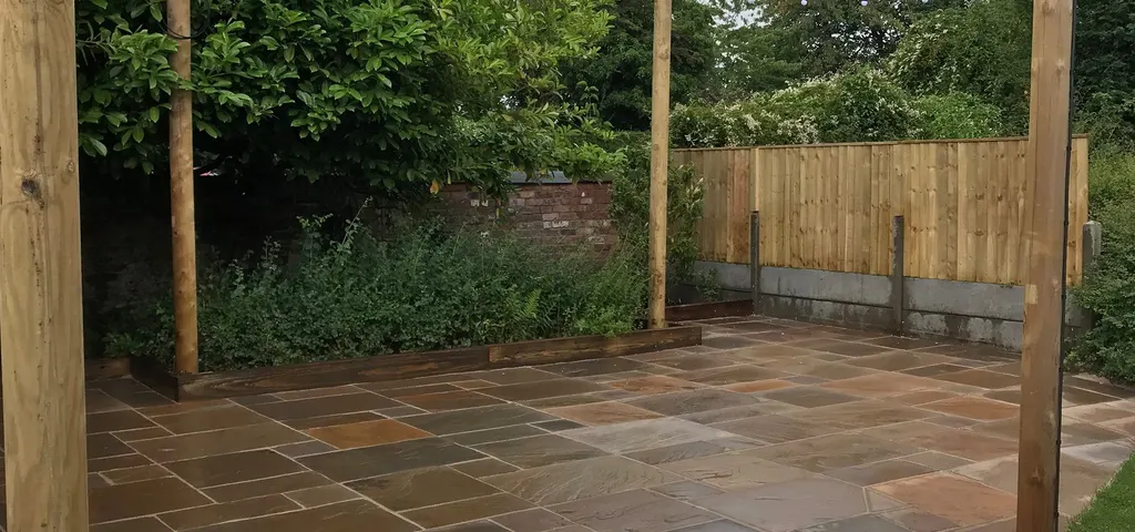 Indian sandstone paving and planted garden Low Road Nursery Chesterfield